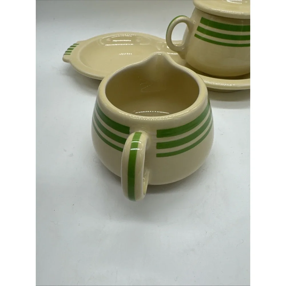 Fiesta Ware HLCCA  Covered Sugar Bowl & Creamer Figure 8 Tray Green Stripe